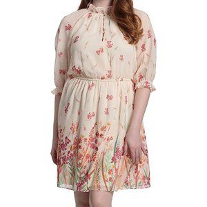 London Times Women Beige Ruffle Mock Neck Raglan Sleeve Dress 18W Plus NWT